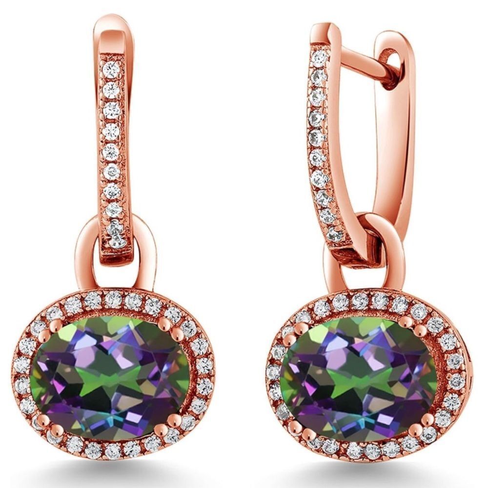 18K Rose Gold 925 with 4.44 Cttw Green Mystic Topaz Oval Dangling Drop Earrings